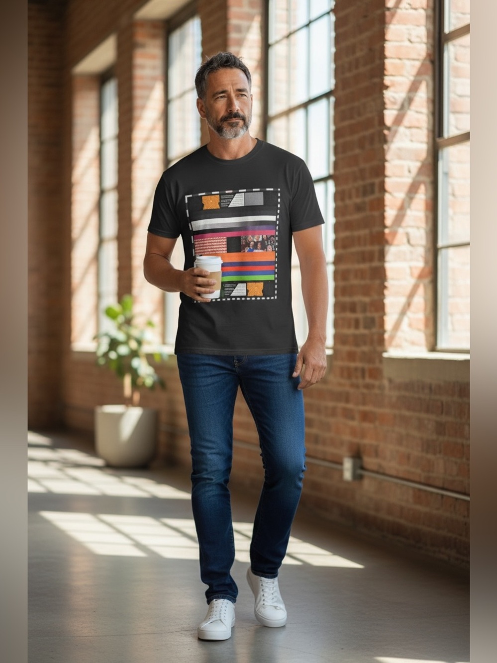 Port and Company Black Short Sleeve Tee with Multicolor Stripe Graphic